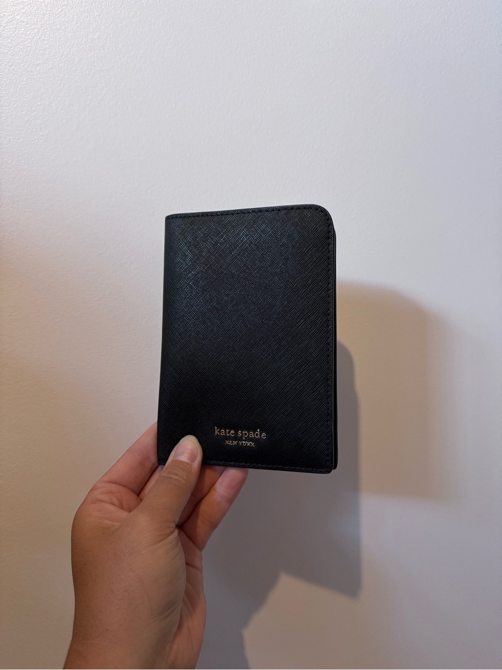 kate spade Black Textured Leather Passport/Card Holder with Gold Logo